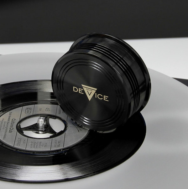 Record Puck Schallplatten Dämpfer Beschwerer DELTA DEVICE 180g Vinyl schwarz mit Logo