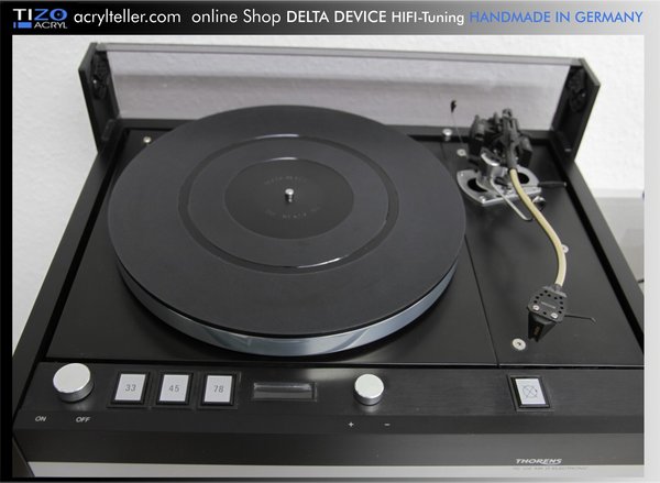 DELTA DEVICE | PLEXIGLAS® Plattentellerauflage auch für Singleschallplatten 7" – schwarz-geschliffen